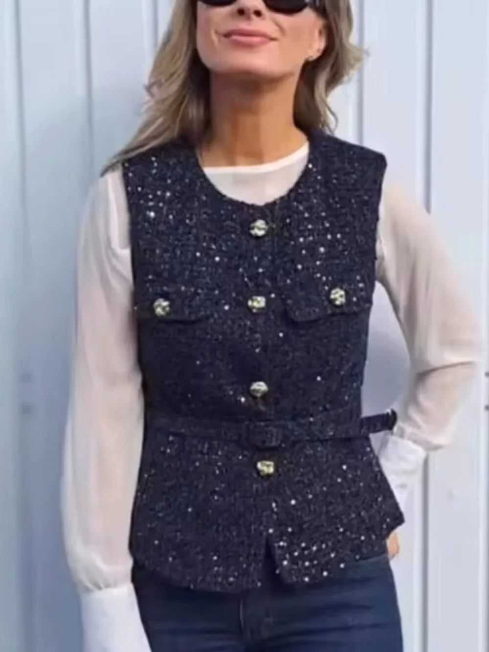 Women Sequin Blue Vest New Fashion With Belt Vests for Women Summer Sleeveless